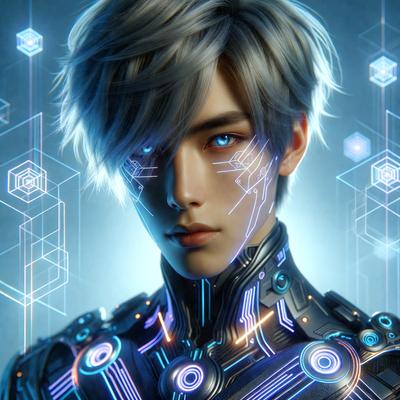 The primary subject of the image is a man with a futuristic, cyberpunk appearance. He is wearing a metallic suit with blue and purple hues, and his eyes are glowing with a blue light. The setting is a futuristic cityscape, with a backdrop of a blue and purple grid pattern. The visual style is a combination of digital art and illustration, creating a striking and unique image. The overall atmosphere is one of mystery and intrigue, as the man's